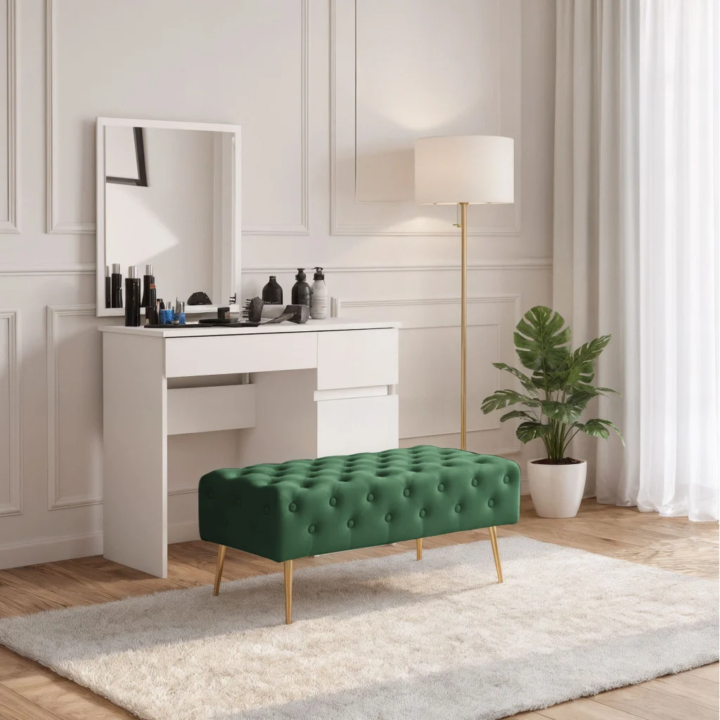 Monaco kárpitozott pad, bársony bevonattal, fém lábakkal, 100x42x41 cm, smaragdzöld - Image 7