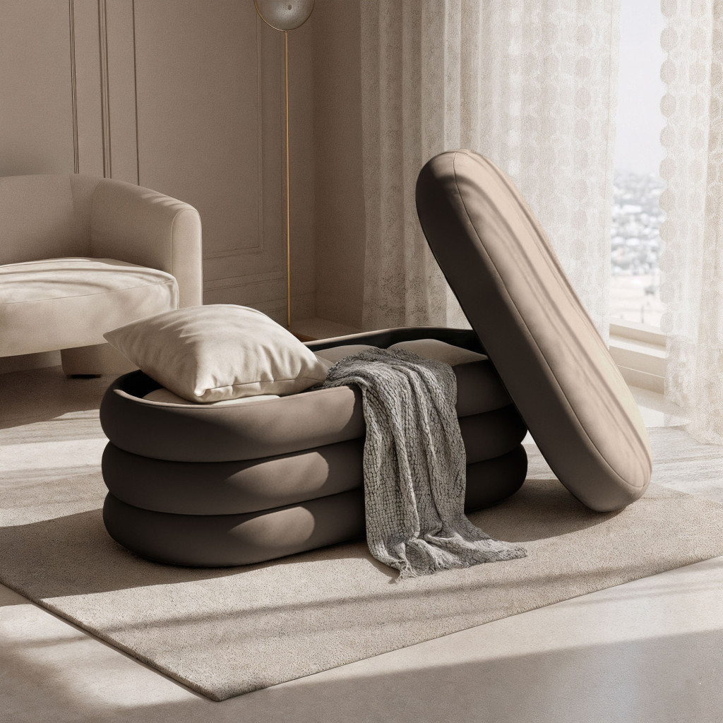 Puffo kárpitozott ülőke tárolóhellyel, bársony, 100x42x42 cm, barna - Image 5