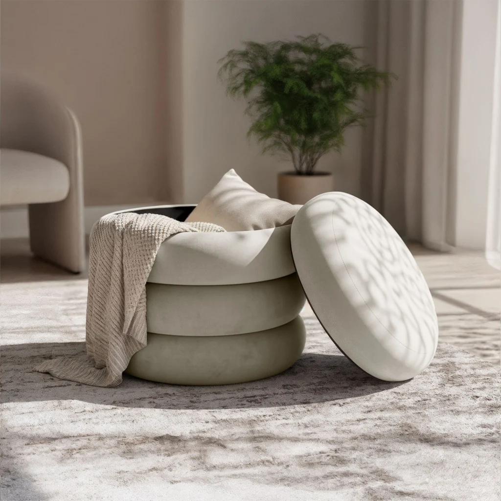 Snuggo kárpitozott puff tárolóhellyel, velúr huzattal, 42 cm átmérő, 45 cm magasság, krémszínű - Image 4