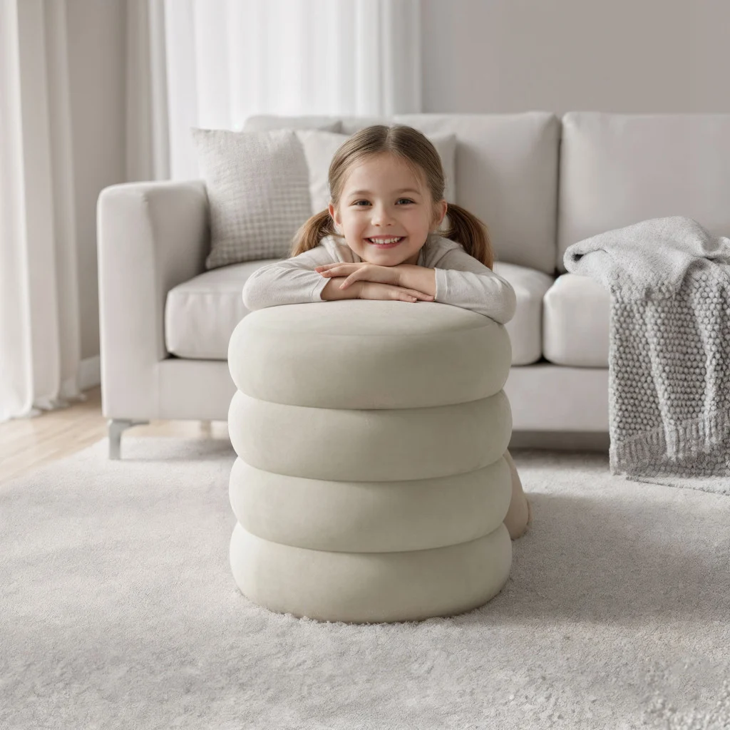 Snuggo kárpitozott puff tárolóhellyel, velúr huzattal, 42 cm átmérő, 45 cm magasság, krémszínű - Image 6