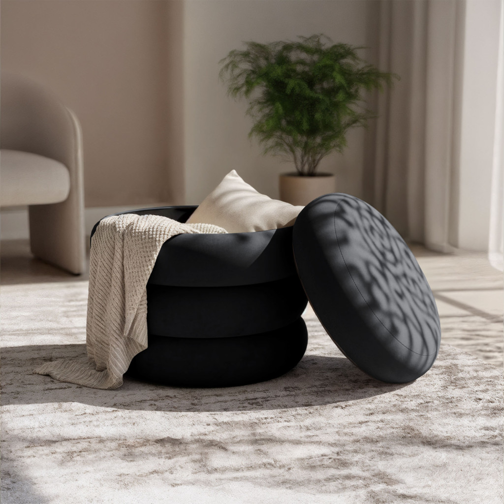 Snuggo tárolós kárpitozott puff, velúr, 42 cm átmérő, 45 cm magasság, fekete - Image 3