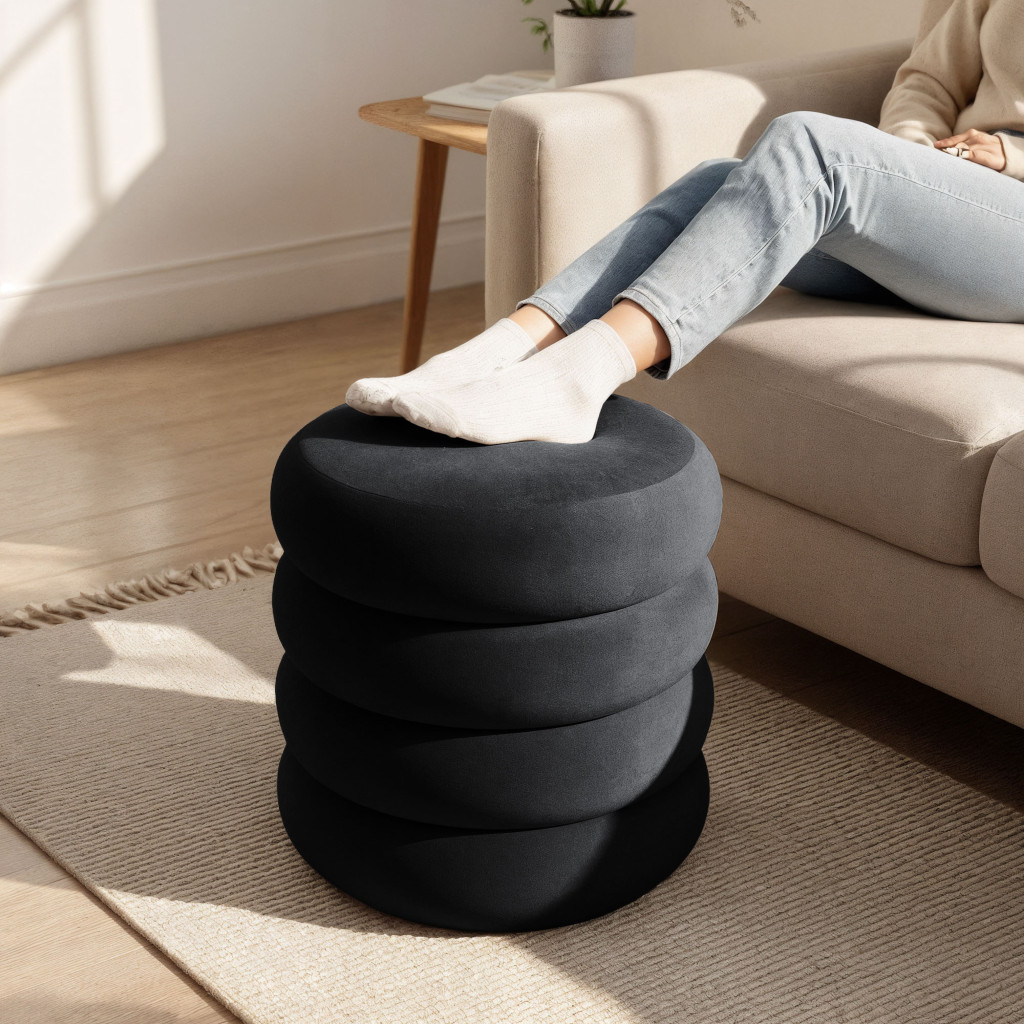 Snuggo tárolós kárpitozott puff, velúr, 42 cm átmérő, 45 cm magasság, fekete - Image 4