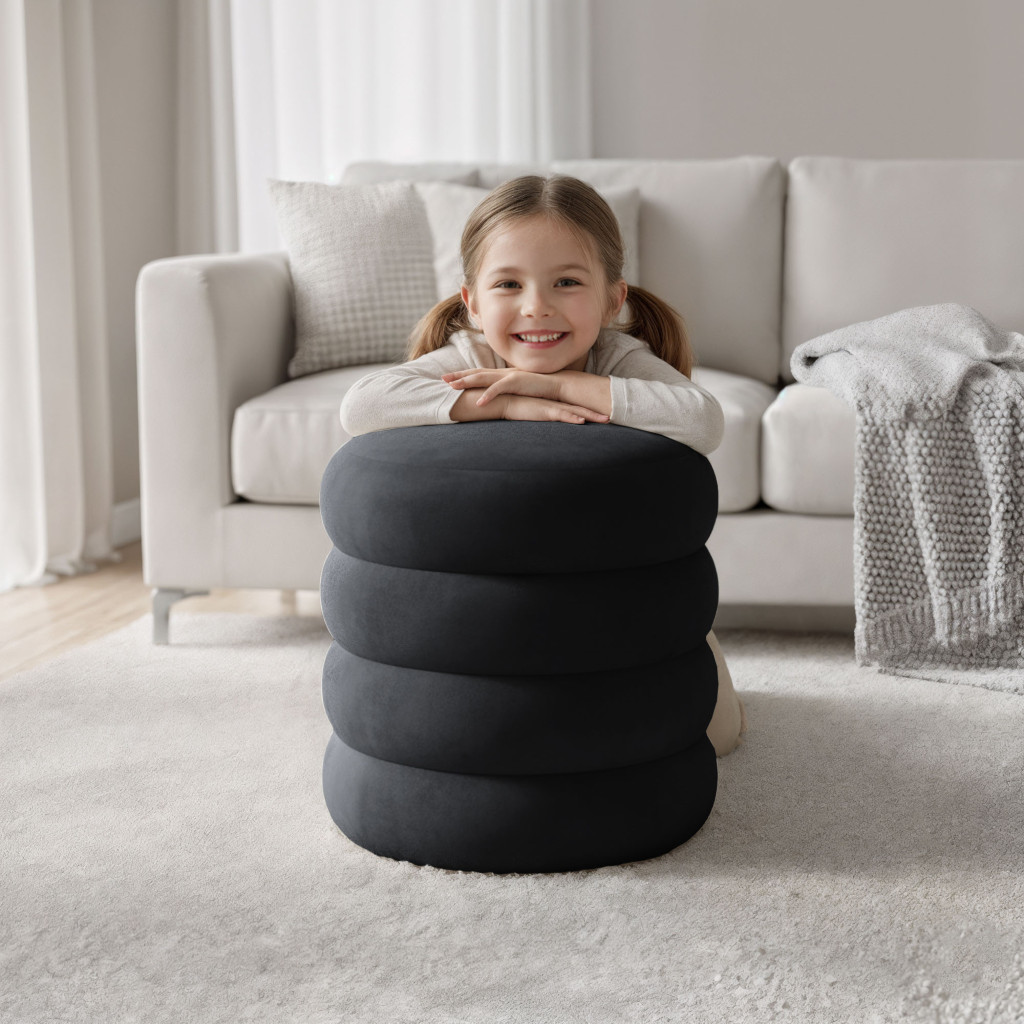 Snuggo tárolós kárpitozott puff, velúr, 42 cm átmérő, 45 cm magasság, fekete - Image 6