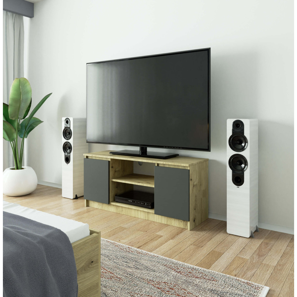 TV komód 2 ajtóval és egy polccal, PAL laminált 16 mm, 120x40x55 cm, kézműves tölgy és szürke - Image 4