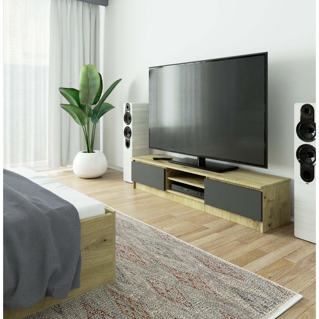 TV-szekrény 2 ajtóval és középső polcokkal, PAL laminált, 160x40x33 cm, kézműves tölgy és szürke - Image 4
