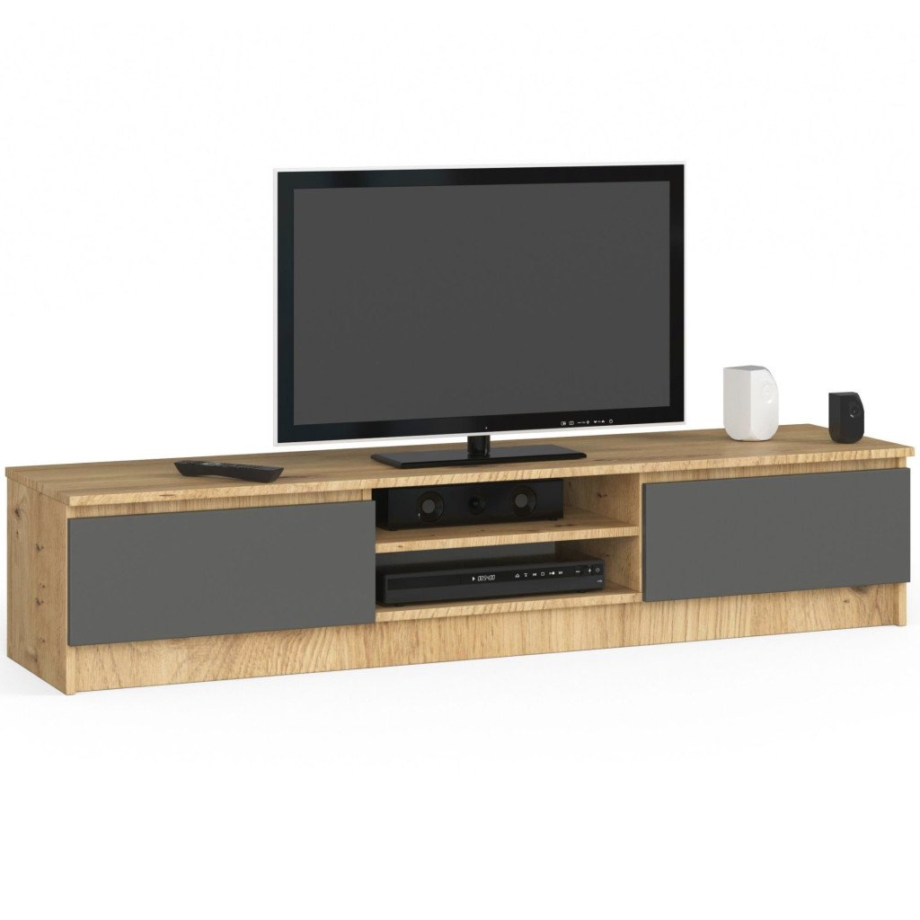 TV-szekrény 2 ajtóval és középső polcokkal, PAL laminált, 160x40x33 cm, kézműves tölgy és szürke