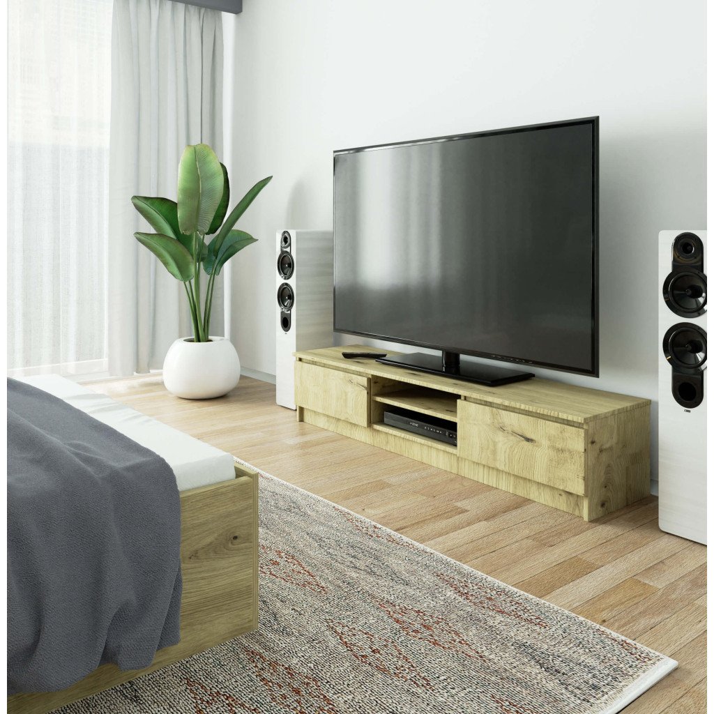 TV-szekrény 2 ajtóval és középső polcokkal, PAL laminált, 160x40x33 cm, kézműves tölgy - Image 3