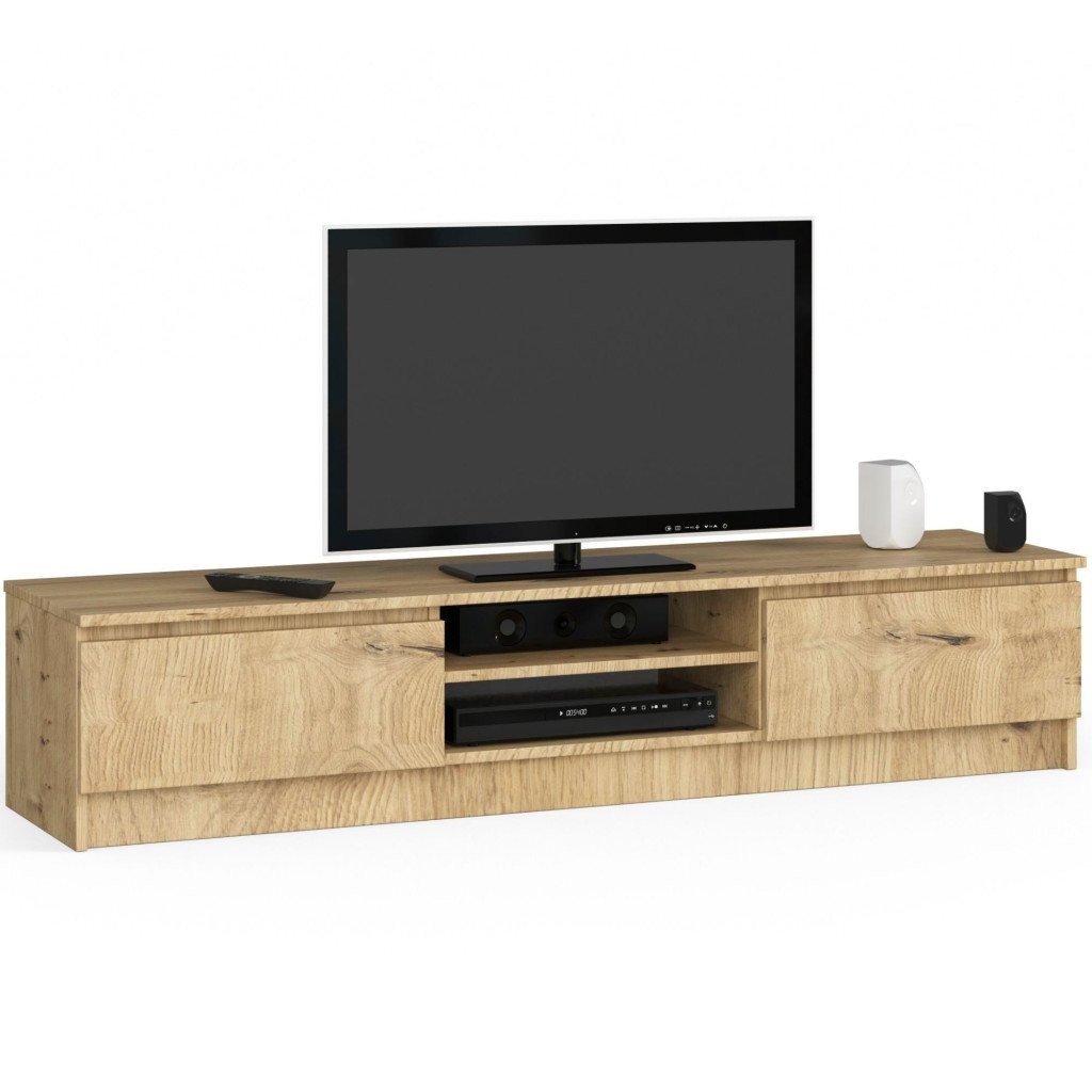 TV-szekrény 2 ajtóval és középső polcokkal, PAL laminált, 160x40x33 cm, kézműves tölgy