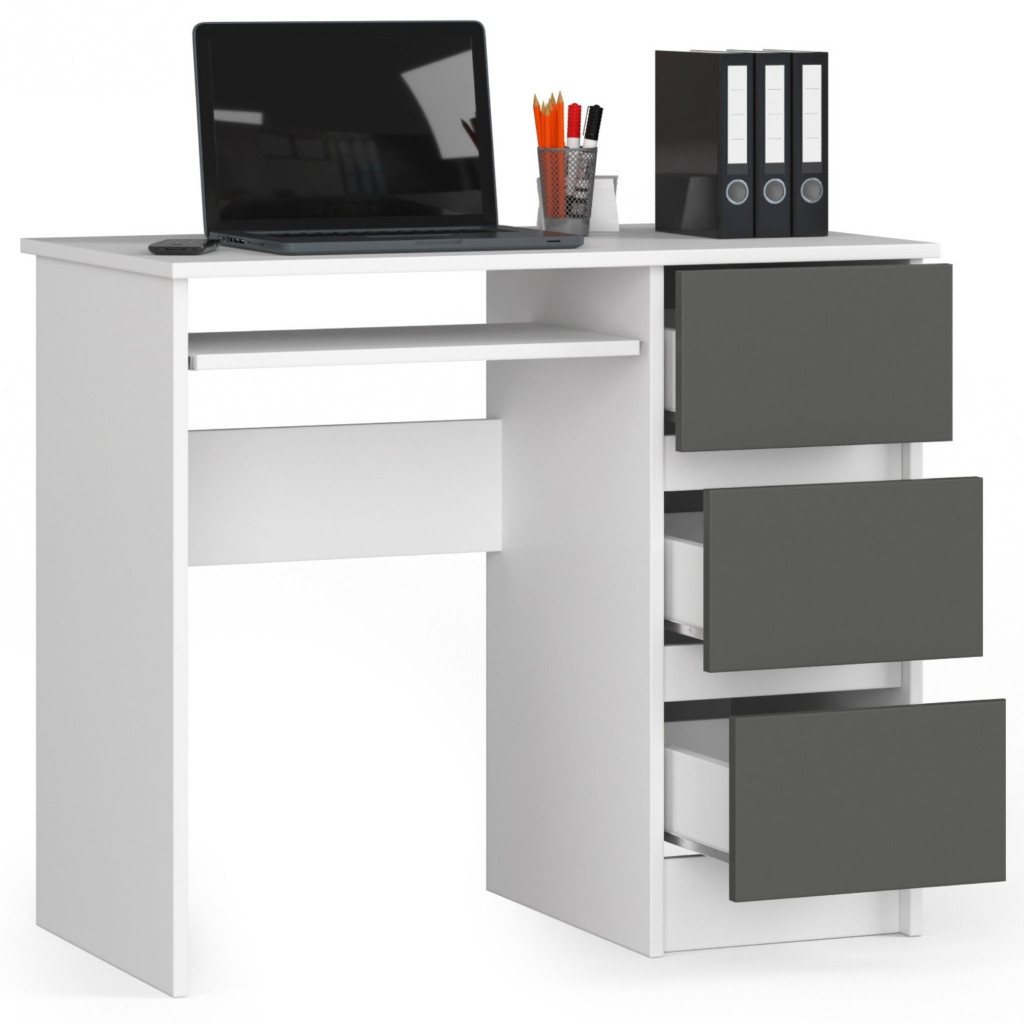 Birou computer cu 3 sertare si raft pentru tastatura, dreapta, 90x50x77 cm, alb si gri - Image 2