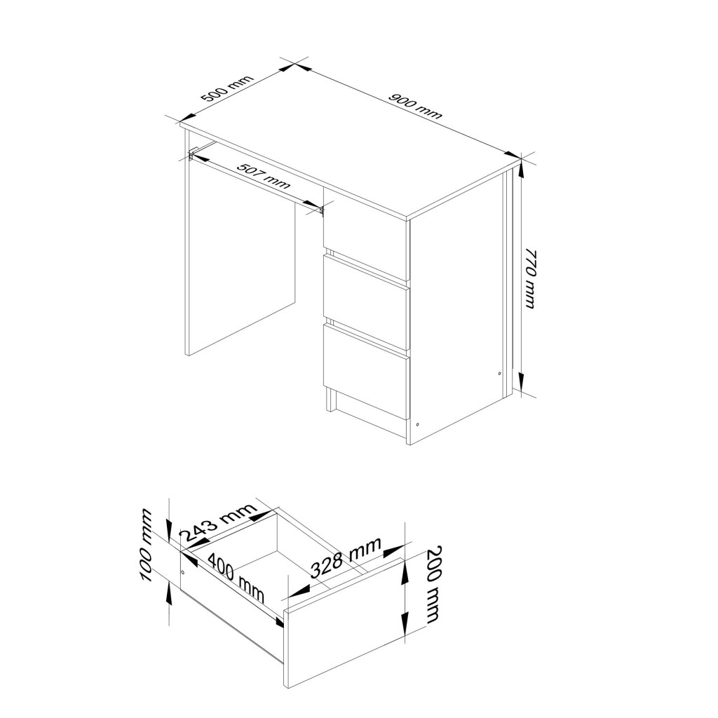 Birou computer cu 3 sertare si raft pentru tastatura, dreapta, 90x50x77 cm, alb si gri - Image 3