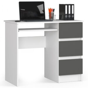 Birou computer cu 3 sertare si raft pentru tastatura, dreapta, 90x50x77 cm, alb si gri
