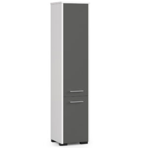 Dulap baie tip coloana cu 2 usi si 5 rafturi, PAL laminat, 30x30x140 cm, alb si gri
