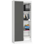 Szekrény ajtóval és 8 polccal, 16 mm laminált forgácslap, 80x35x180 cm, fehér és szürke