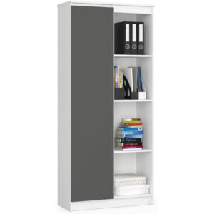 Szekrény ajtóval és 8 polccal, 16 mm laminált forgácslap, 80x35x180 cm, fehér és szürke