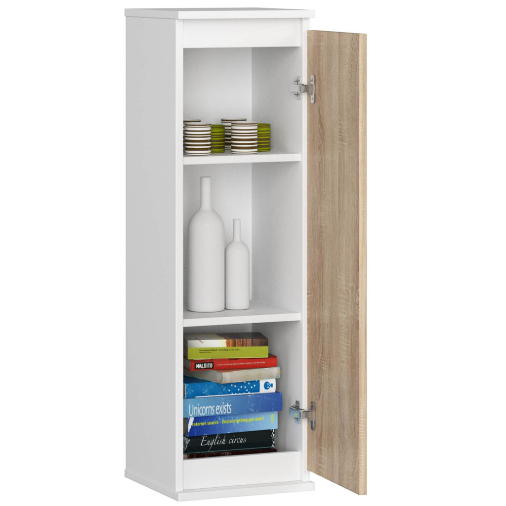 Fali szekrény, ajtóval és 3 belső polccal, 16 mm-es laminált forgácslap, 30x30x99 cm, fehér és sonoma tölgy - Image 2