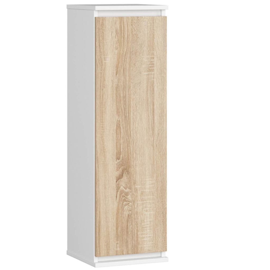 Fali szekrény, ajtóval és 3 belső polccal, 16 mm-es laminált forgácslap, 30x30x99 cm, fehér és sonoma tölgy