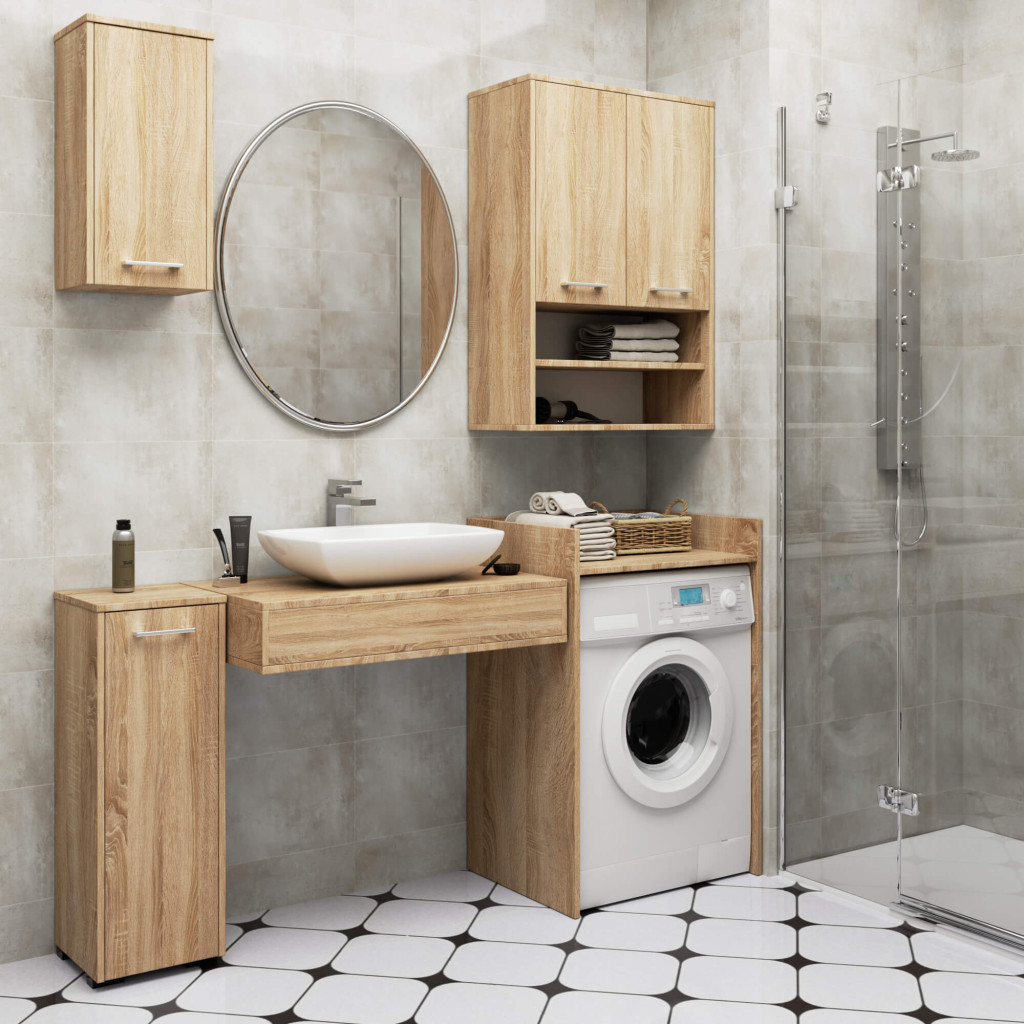 Függesztett fürdőszobai szekrény, 2 ajtóval és 2 nyitott polccal, 16 mm forgácslap, 64x30x94 cm, sonoma tölgy - Image 5