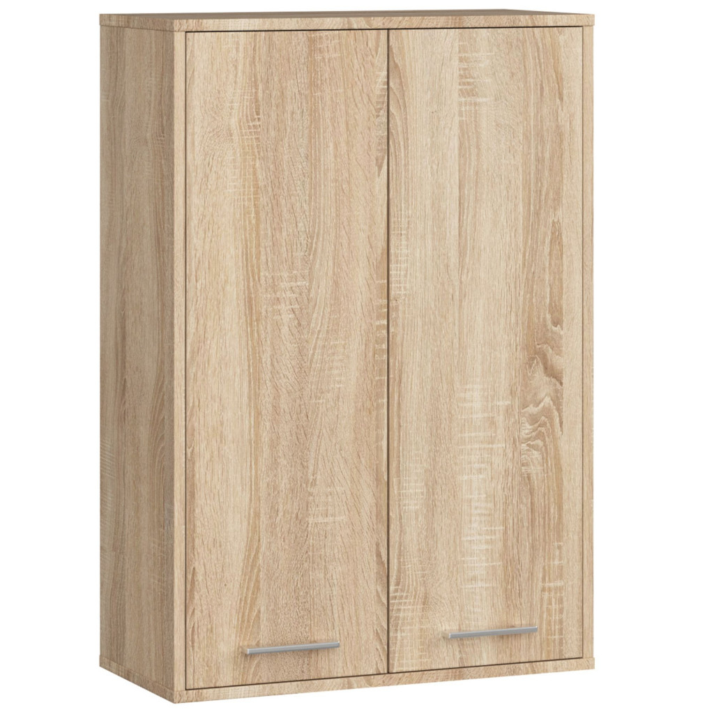 Fali fürdőszobai szekrény 2 ajtóval és 4 belső polccal, 16 mm laminált forgácslap, 64x30x94 cm, sonoma tölgy
