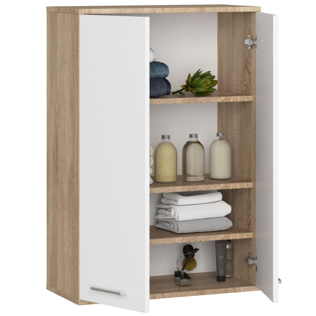 Fali fürdőszobai szekrény, 2 ajtóval és 4 belső polccal, 16 mm-es laminált forgácslap, 64x30x94 cm, sonoma tölgy és fehér - Image 2