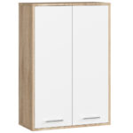 Fali fürdőszobai szekrény, 2 ajtóval és 4 belső polccal, 16 mm-es laminált forgácslap, 64x30x94 cm, sonoma tölgy és fehér