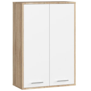 Fali fürdőszobai szekrény, 2 ajtóval és 4 belső polccal, 16 mm-es laminált forgácslap, 64x30x94 cm, sonoma tölgy és fehér