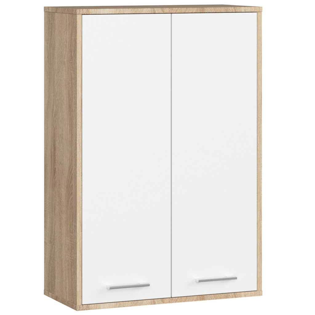 Fali fürdőszobai szekrény, 2 ajtóval és 4 belső polccal, 16 mm-es laminált forgácslap, 64x30x94 cm, sonoma tölgy és fehér