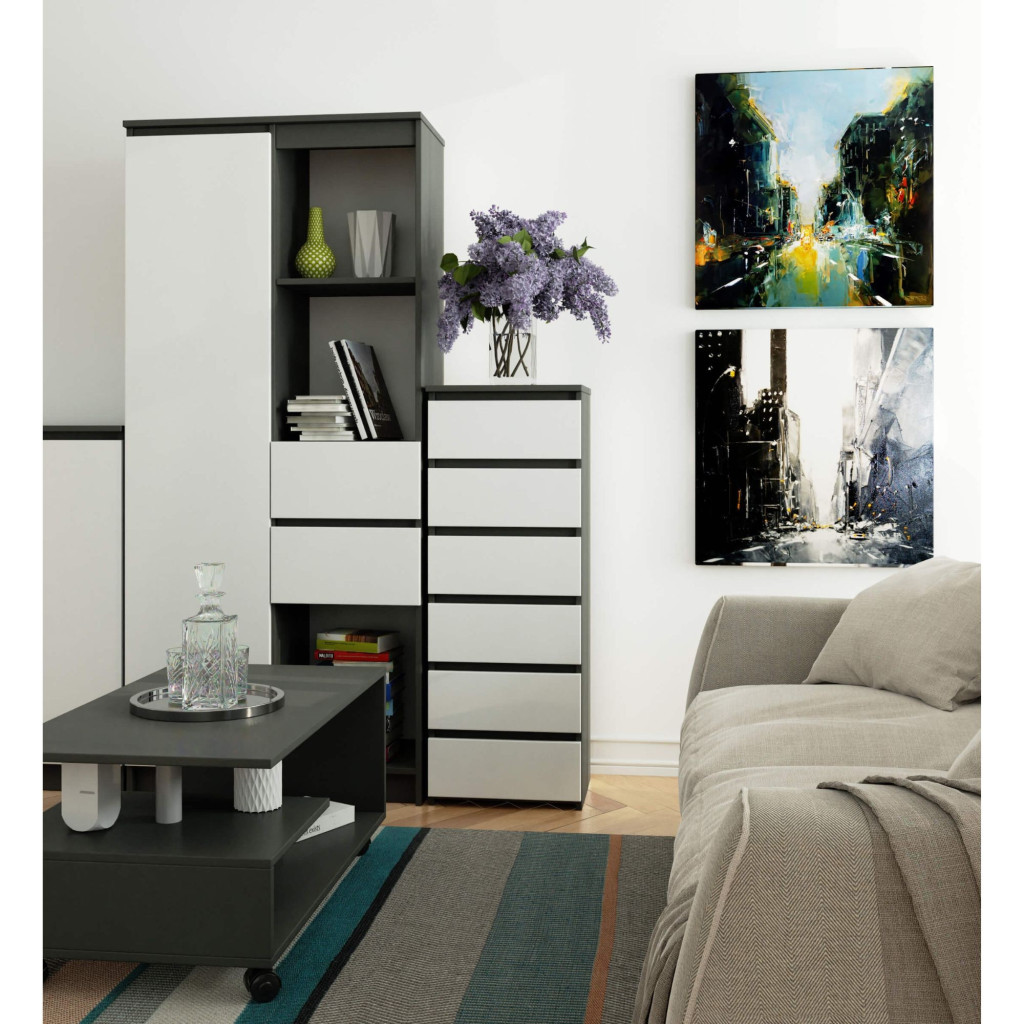 6 fiókos komód, 16 mm laminált forgácslap, 40x35x109 cm, szürke és fehér - Image 4