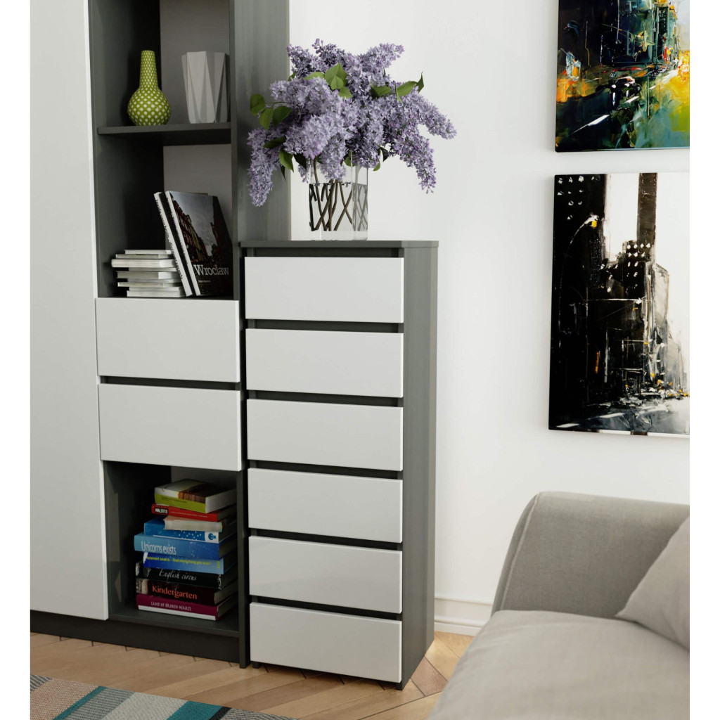 6 fiókos komód, 16 mm laminált forgácslap, 40x35x109 cm, szürke és fehér - Image 5