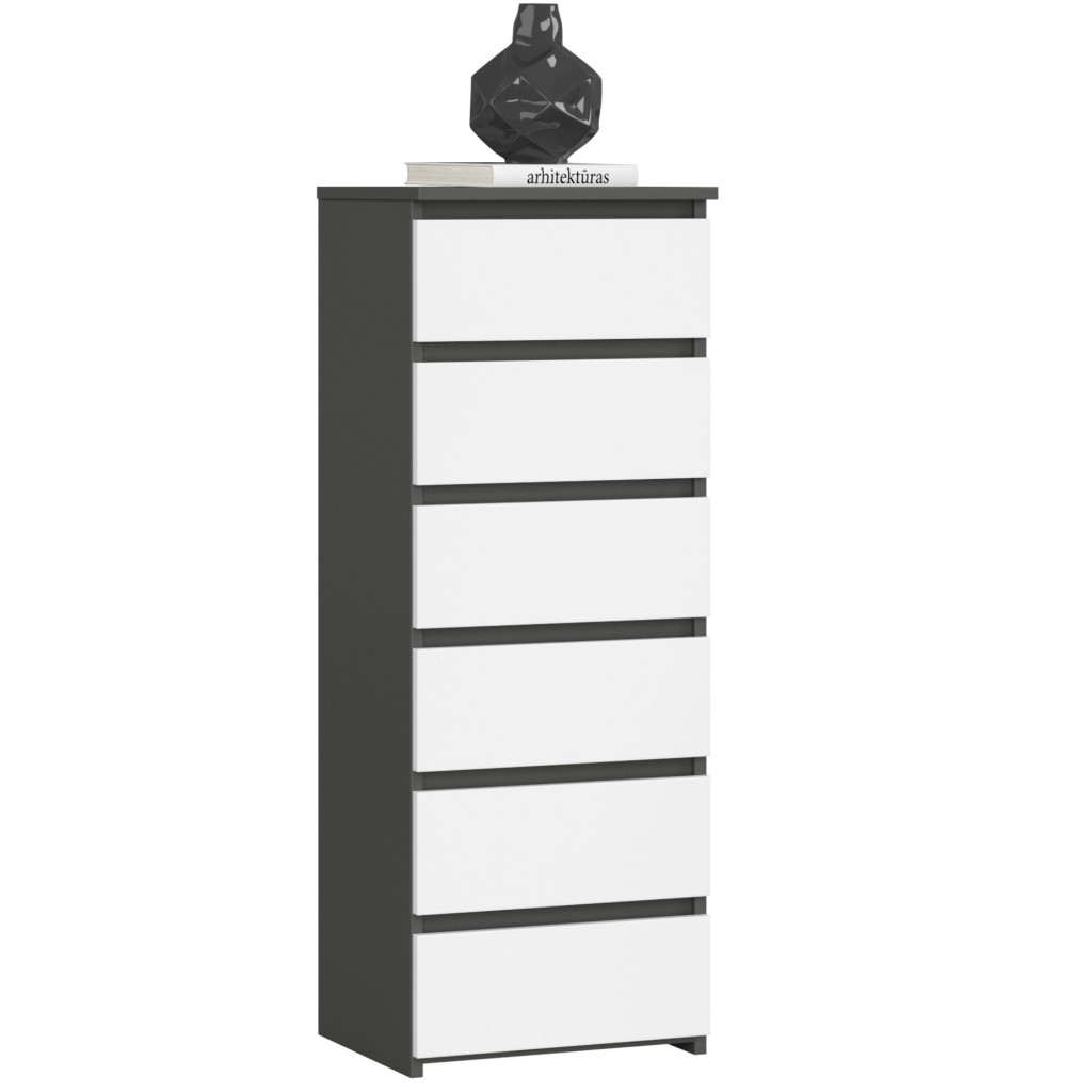 6 fiókos komód, 16 mm laminált forgácslap, 40x35x109 cm, szürke és fehér
