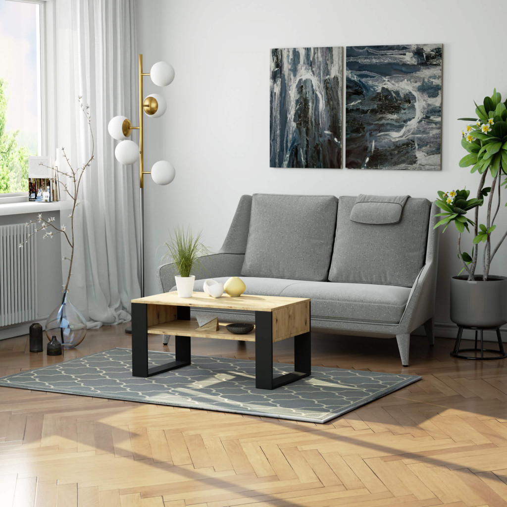 Domi dohányzóasztal alsó polccal, laminált asztallappal, 92x50x45 cm, kézműves tölgy és fekete - Image 4