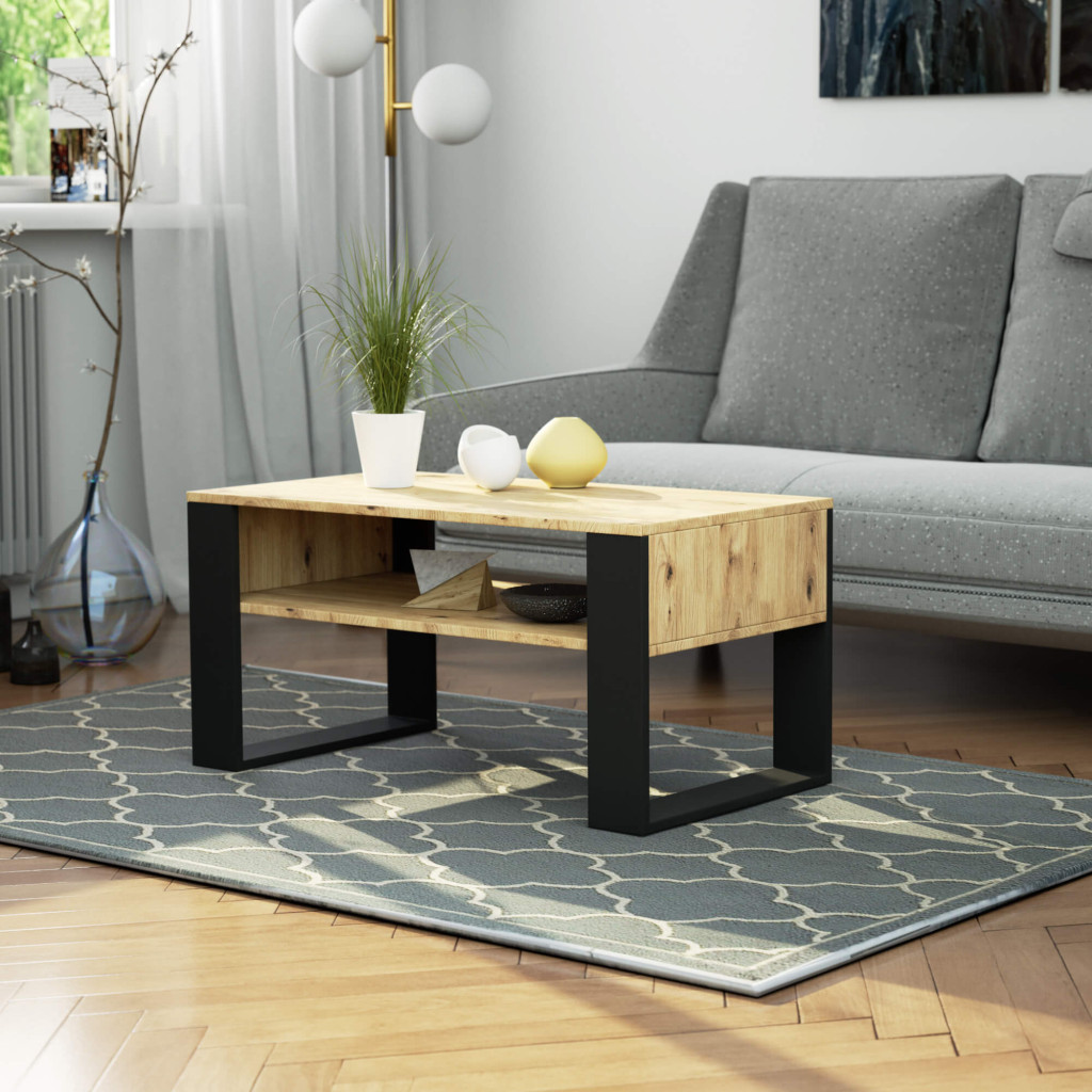 Domi dohányzóasztal alsó polccal, laminált asztallappal, 92x50x45 cm, kézműves tölgy és fekete - Image 5