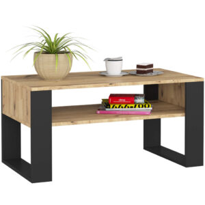 Domi dohányzóasztal alsó polccal, laminált asztallappal, 92x50x45 cm, kézműves tölgy és fekete