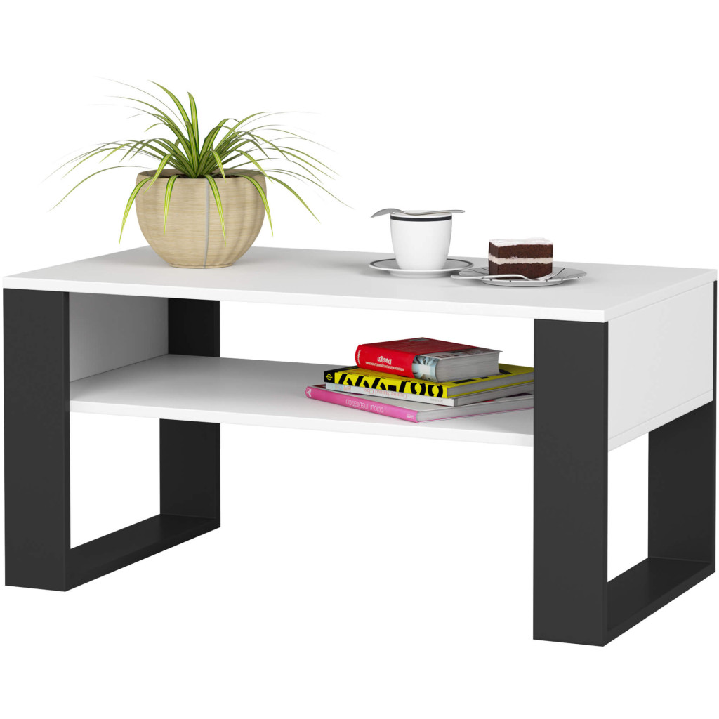 Domi dohányzóasztal alsó polccal, laminált asztallappal, 92x50x45 cm, fehér és fekete - Image 2