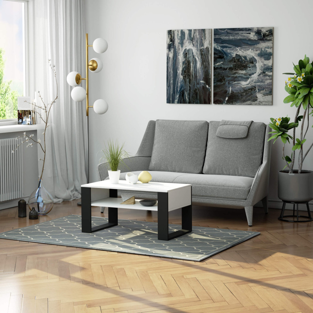Domi dohányzóasztal alsó polccal, laminált asztallappal, 92x50x45 cm, fehér és fekete - Image 4