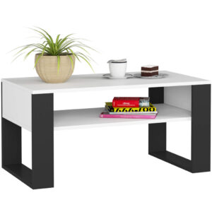 Domi dohányzóasztal alsó polccal, laminált asztallappal, 92x50x45 cm, fehér és fekete