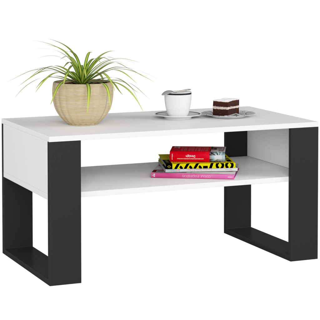 Domi dohányzóasztal alsó polccal, laminált asztallappal, 92x50x45 cm, fehér és fekete