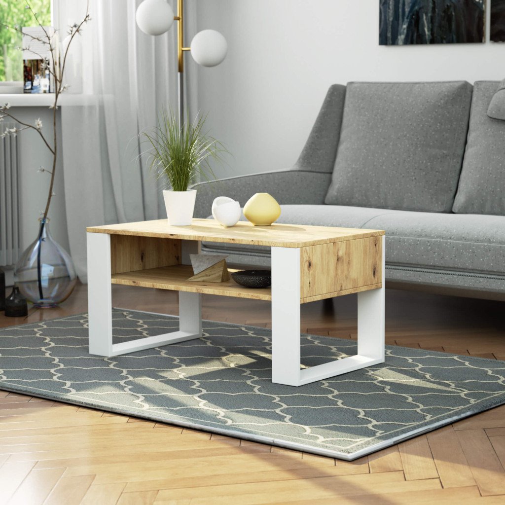 Domi dohányzóasztal alsó polccal, laminált asztallappal, 92x50x45 cm, kézműves tölgy és fehér - Image 5
