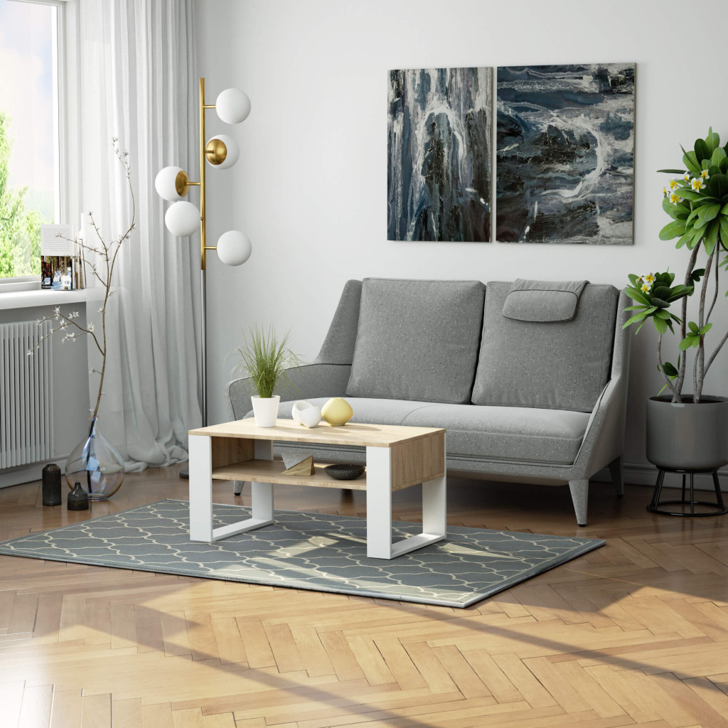 Domi dohányzóasztal alsó polccal, laminált asztallappal, 92x50x45 cm, sonoma tölgy és fehér - Image 4