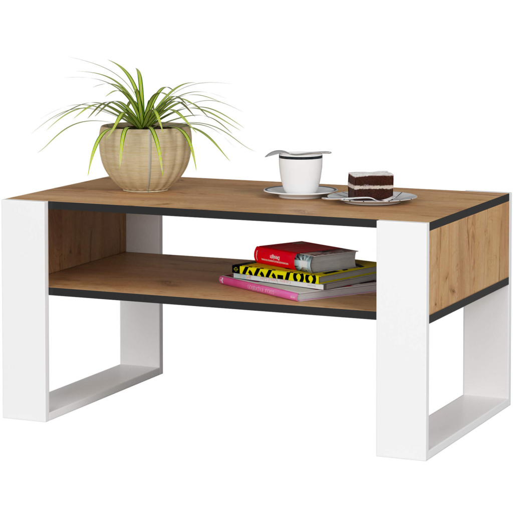 Domi dohányzóasztal alsó polccal, laminált asztallappal, 92x50x45 cm, kézműves tölgy és fehér - Image 2