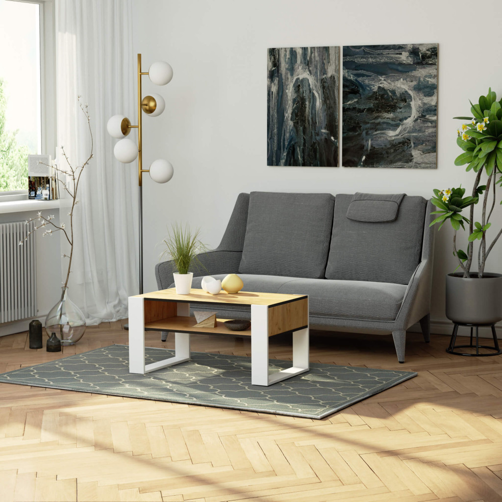 Domi dohányzóasztal alsó polccal, laminált asztallappal, 92x50x45 cm, kézműves tölgy és fehér - Image 4