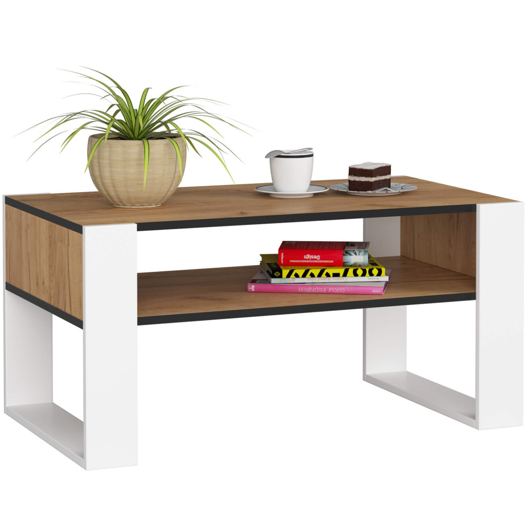 Domi dohányzóasztal alsó polccal, laminált asztallappal, 92x50x45 cm, kézműves tölgy és fehér