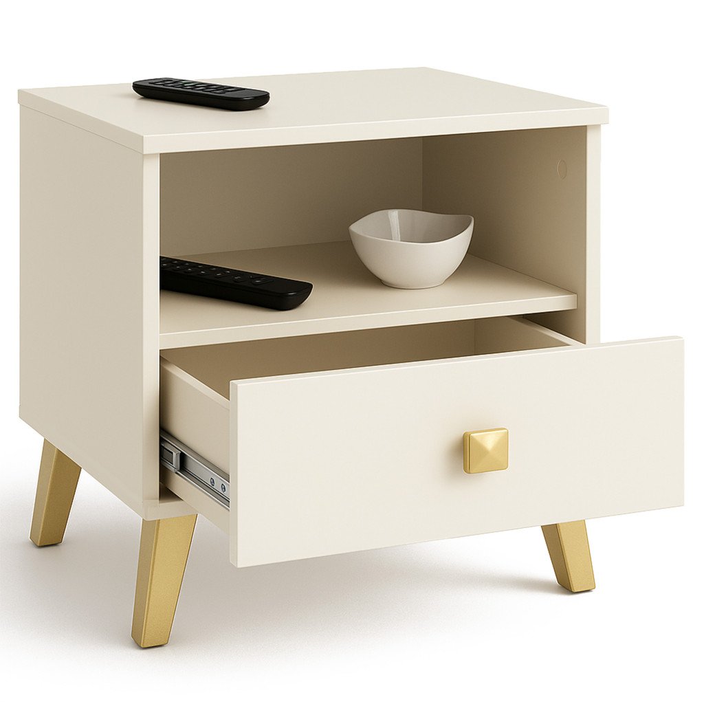 MOBI K01 fiókos szekrény nyitott polccal, PAL laminált 16 mm, 40x37x43 cm, kasmír arany részletekkel - Image 2