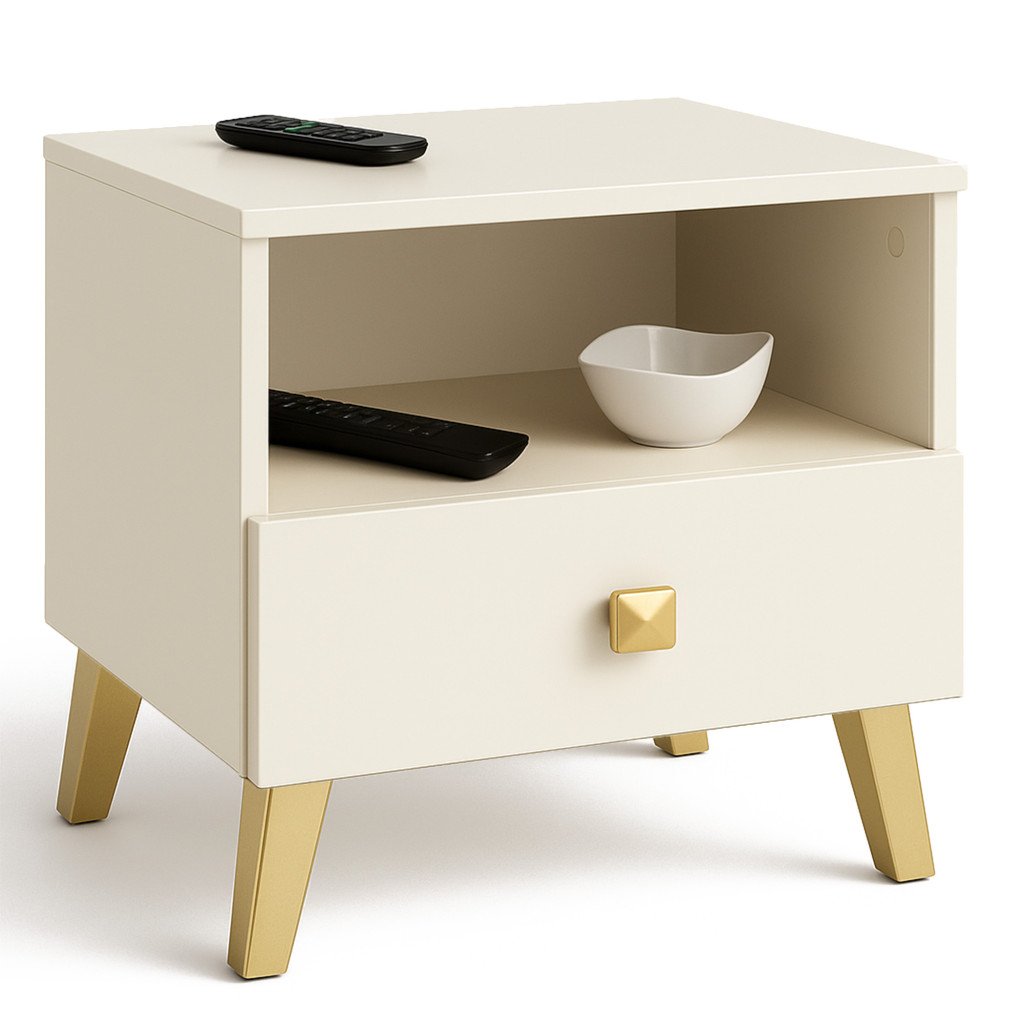MOBI K01 fiókos szekrény nyitott polccal, PAL laminált 16 mm, 40x37x43 cm, kasmír arany részletekkel