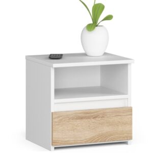 1 fiókos éjjeliszekrény, 16 mm-es laminált forgácslap, 40x35x40 cm, fehér és sonoma tölgy