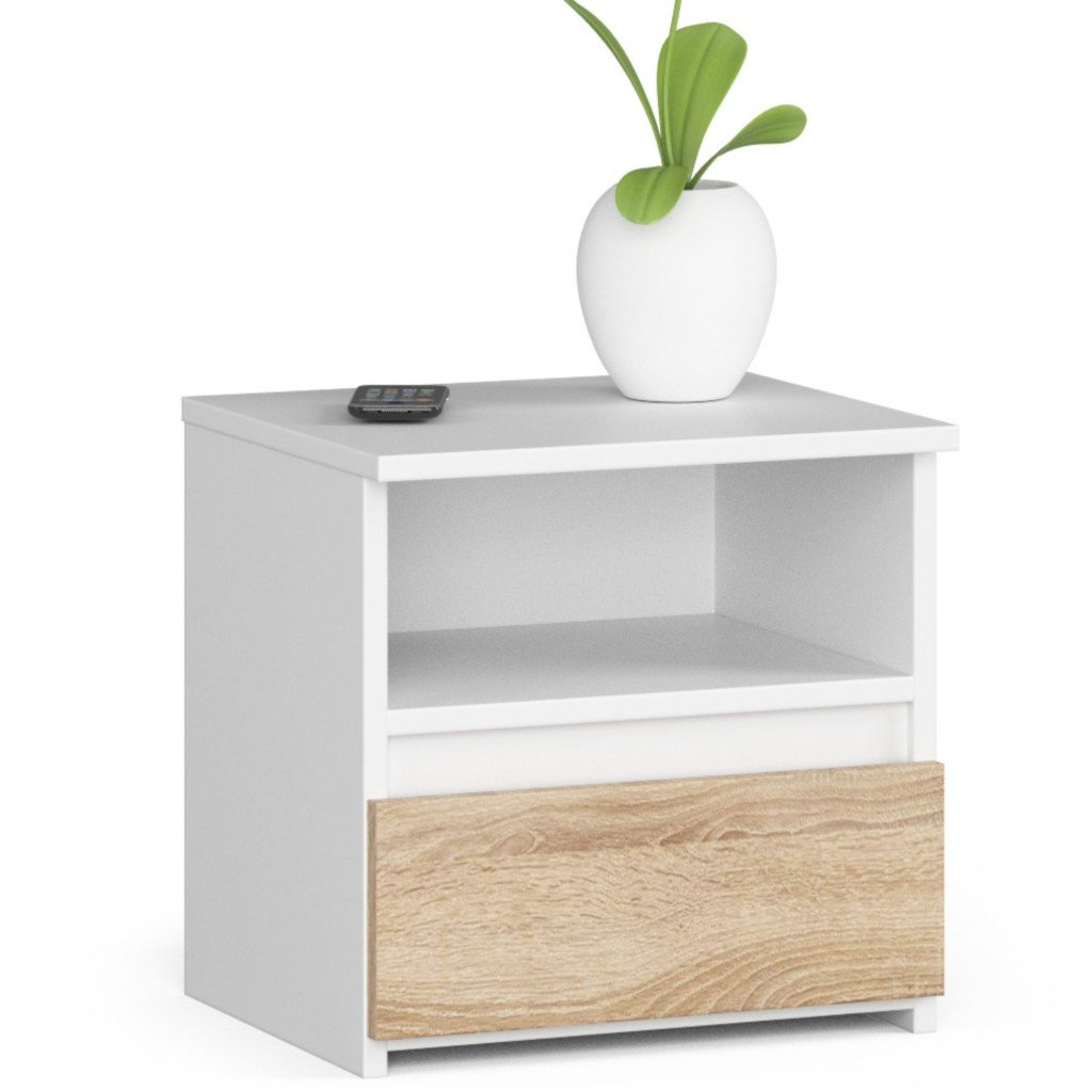 1 fiókos éjjeliszekrény, 16 mm-es laminált forgácslap, 40x35x40 cm, fehér és sonoma tölgy