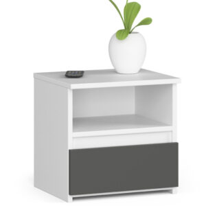 1 fiókos éjjeliszekrény, 16 mm-es laminált forgácslap, 40x35x40 cm, fehér és szürke