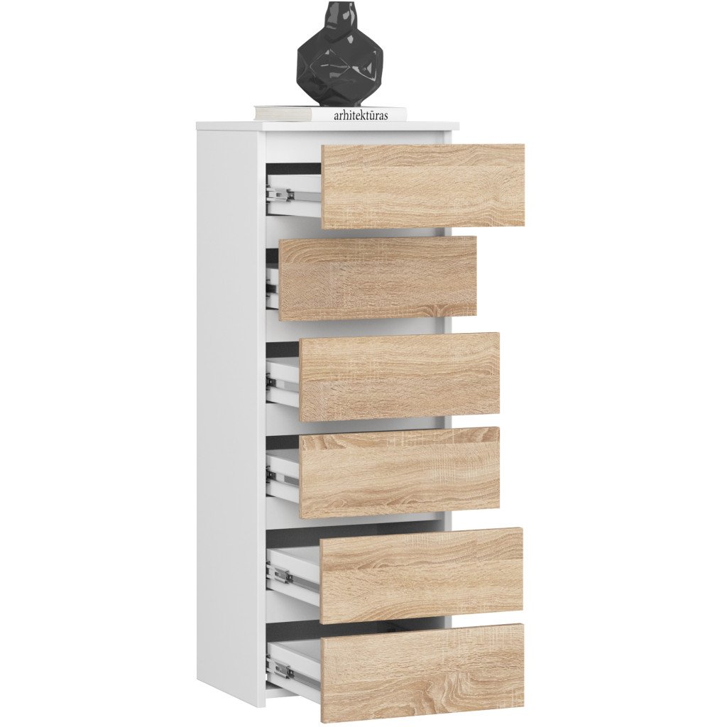 6 fiókos komód, 16 mm laminált forgácslap, 40x35x109 cm, fehér és sonoma tölgy - Image 2