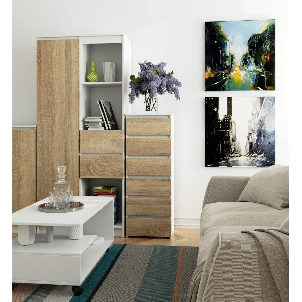 6 fiókos komód, 16 mm laminált forgácslap, 40x35x109 cm, fehér és sonoma tölgy - Image 4