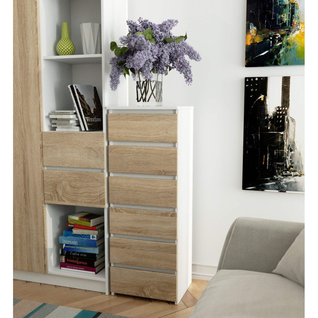 6 fiókos komód, 16 mm laminált forgácslap, 40x35x109 cm, fehér és sonoma tölgy - Image 5