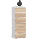 6 fiókos komód, 16 mm laminált forgácslap, 40x35x109 cm, fehér és sonoma tölgy